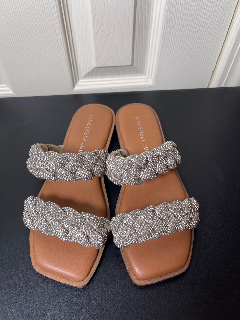 Sincerely Jules Braided Rhinestone Double-Strap Mules - Silver/Tan